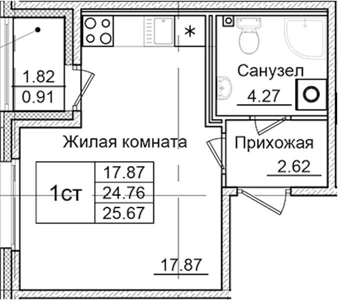 Квартира студия 25.67 м², 1/9 эт., ЖК «Квартал Заречье»